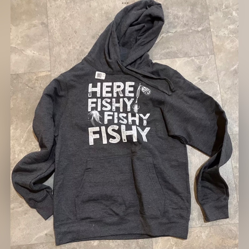 Here Fishy Fishy Funny Fishing Fisherman Mens Sm Hooded Sweatshirt Front Pocket